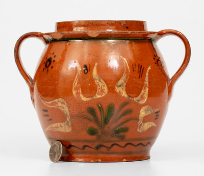 Rare and Fine Open-Handled Pennsylvania Redware Jar w/ Three-Color-Slip Floral Decoration, probably Bucks County