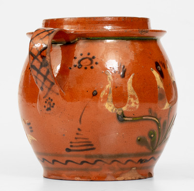 Rare and Fine Open-Handled Pennsylvania Redware Jar w/ Three-Color-Slip Floral Decoration, probably Bucks County