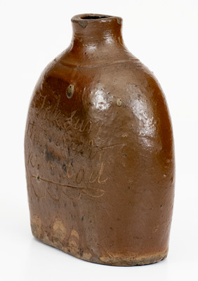 Rare Albany-Slip-Glazed Stoneware Flask w/ Incised Bird and Humorous Inscription, possibly Ohio, c1830