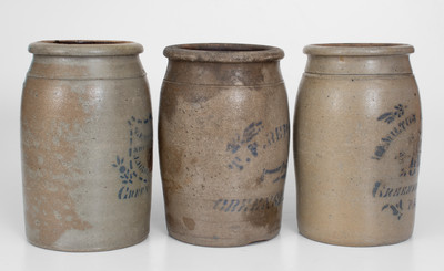Lot of Three: One-Gallon Greensboro, PA Cobalt-Stenciled Stoneware Jars