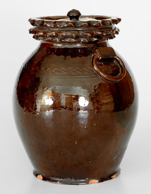 Extremely Rare and Important Elaborate Redware Lidded Jar Inscribed 