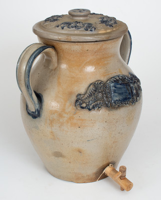 Ornate Open-Handled Stoneware Water Cooler w/ Applied Decoration, probably Hastings & Belding, Ashfield, Mass.