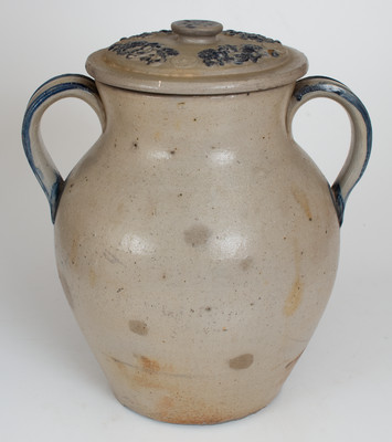 Ornate Open-Handled Stoneware Water Cooler w/ Applied Decoration, probably Hastings & Belding, Ashfield, Mass.