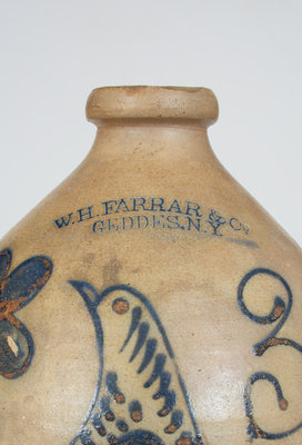 Three-Gallon W.H. FARRAR & Co. / GEDDES, N.Y. Stoneware Jug w/ Elaborate Bird and Floral Motif
