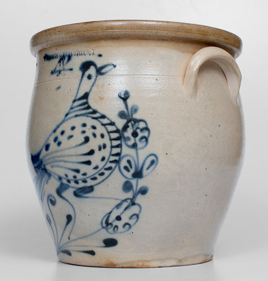 4 Gal. W. ROBERTS / BINGHAMTON, NY Stoneware Jar w/ Elaborate Slip-Trailed Bird Design