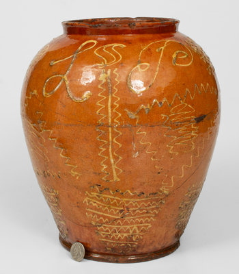 Extremely Rare 18th Century Bristol County, MA Large-Sized Redware Jar w/ Profuse Yellow Slip Decoration