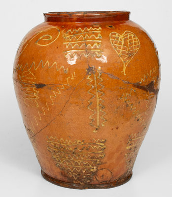Extremely Rare 18th Century Bristol County, MA Large-Sized Redware Jar w/ Profuse Yellow Slip Decoration