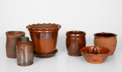 Lot of Six: Central PA Redware Flowerpots, Jars, and Food Mold
