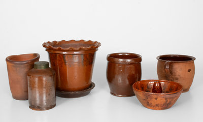 Lot of Six: Central PA Redware Flowerpots, Jars, and Food Mold