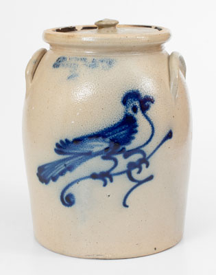 J. NORTON & CO. / BENNINGTON, VT Lidded Stoneware Jar w/ Cobalt Bird Decoration