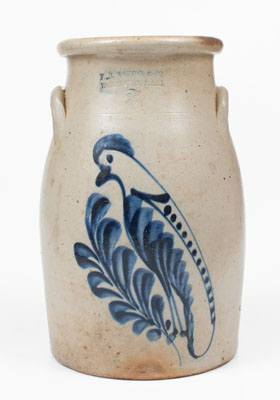 F. B. NORTON & CO. / WORCESTER, MASS. Stoneware Churn w/ Spotted Parrot Decoration