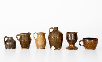 Lot of Six: Small-Sized Alkaline-Glazed Stoneware Vessels, Southern U.S. origin