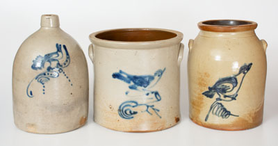 Lot of Three: Stoneware Jars and Jug with Bird Decoration