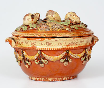 Sgraffito Redware Lidded Tureen w/ Applied Fruit Decoration, John Leman, possibly Tylersport, Montgomery County, PA, c1830