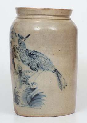 Rare and Fine Stoneware Jar w/ Elaborate Slip-Trailed Bird Decoration, probably New Jersey, c1855