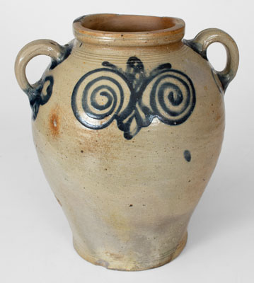 Exceptional Vertical-Handled Stoneware Jar w/ Watchspring Design, Manhattan, NY, circa 1775