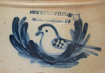 Rare COWDEN & WILCOX / HARRISBURG, PA Stoneware Cake Crock w/ Bird Decoration