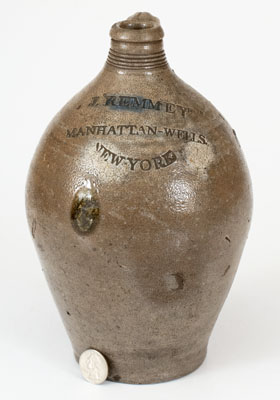 Very Rare J. REMMEY / MANHATTAN-WELLS / NEW-YORK Stoneware Jug for J. H. Mott, June 4, 1807