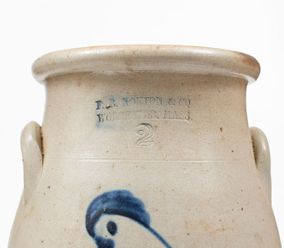 F. B. NORTON & CO. / WORCESTER, MASS. Stoneware Churn w/ Spotted Parrot Decoration
