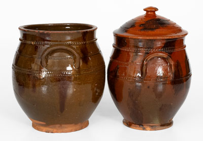 Lot of Two: Norwalk, Connecticut Redware Jars incl. Lidded Example, c1840