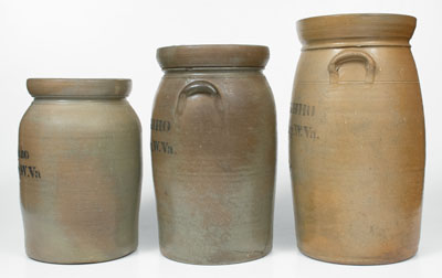 Lot of Three: A. P. DONAGHHO / PARKERSBURG, W. VA Stoneware Churns in Graduated Sizes