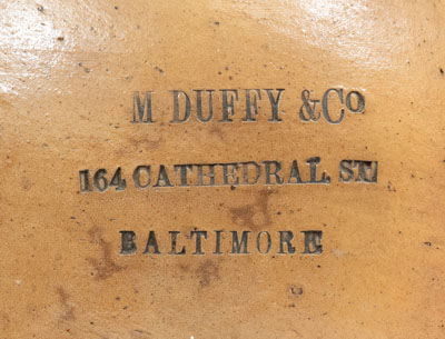 Scarce M. DUFFY / 164 CATHEDRAL ST. / BALTIMORE Stoneware Liquor Jug