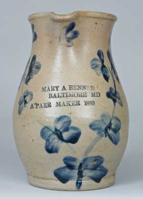 MARY A BENNER / BALTIMORE, MD / A. PARR MAKER 1880 Stoneware Pitcher