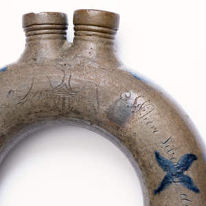 Exceedingly Rare and Important Loudoun County, VA, Stoneware Ring Flask w/ Incised Federal Eagle and Patriotic Inscriptions, 1827