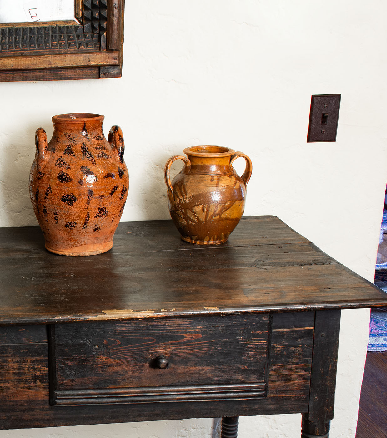 Two of Carole Wahler's Tennessee redware jars