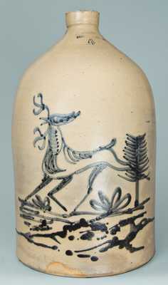 F. WOODWORTH / BURLINGTON, VT Stoneware Jug with Cobalt Deer Scene