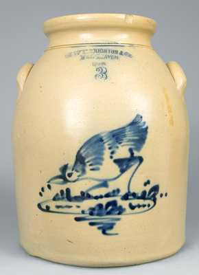 CT Stoneware Jar with Cobalt Chicken Pecking Corn Decoration.