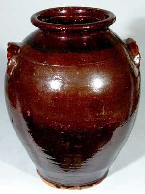 Glazed Redware Jar with Scalloped Handles, American.