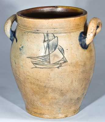 NY Stoneware Early Jar with Incised Sloop, Manhattan origin