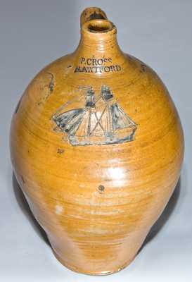 P. CROSS / HARTFORD Stoneware Jug with Incised Ship Decoration