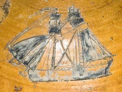 P. CROSS / HARTFORD Stoneware Jug with Incised Ship Decoration