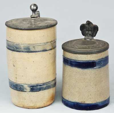 Two Pewter-Lidded Stoneware Mugs