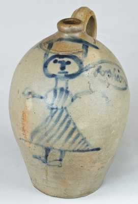 "Fashions" Stoneware Jug with Woman Decoration, probably Western PA or West VA origin