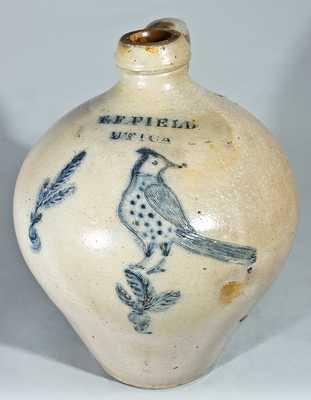 T.F. FIELD / UTICA Stoneware Jug with Incised Woodpecker Decoration