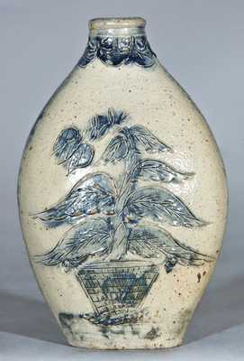 Hartford, CT Stoneware Flask w/ Incised Bird and Flower Basket