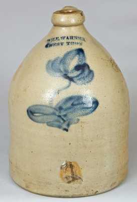 WM. E. WARNER / WEST TROY Stoneware Jug with Cobalt Floral Decoration