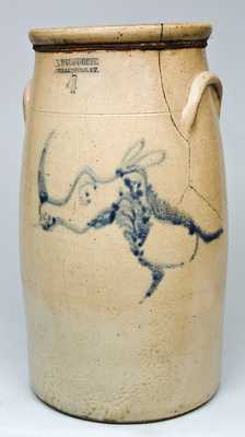 F. WOODWORTH / BURLINGTON, VT. Stoneware Churn with Rhino Head Decoration