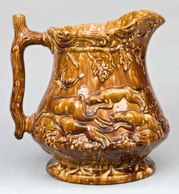 Rockingham-Glazed Hunt Scene Pitcher, possibly Swan Hill Pottery, South Amboy, NJ