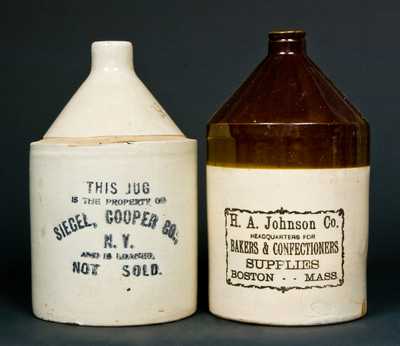 (2) Jugs: NY Stoneware Advertising Jug & Bakers Supplies Jug, Sherwood Bros. Pottery / New Brighton, PA