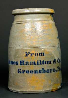 "From / Jas Hamilton & Co. / Greensboro, PA." Stoneware Jar w/ Stars & Stripes