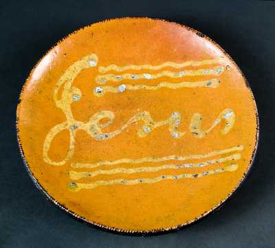 PA or NE Redware Plate with "Jesus" in Slip