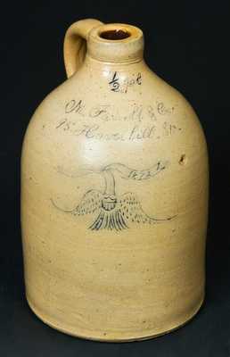 Boston Advertising Stoneware Pitcher w/ Incised Eagle