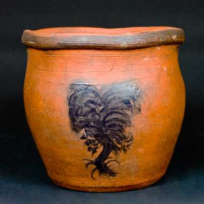 Redware Cream Jar w/ Manganese Tree Design