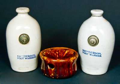 (3) Pieces of Pottery: Stoneware Henderson Foot Warmers and Rockingham Spittoon