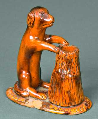 Rare Redware Standing Dog with Tree Stump, probably PA