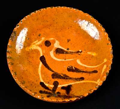 Small Redware Plate with Slip-Decorated Bird